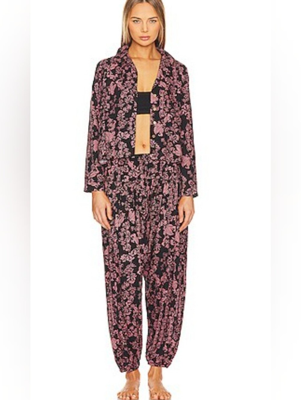Intimately by Free People “Steady Love”  pajama set in a Black Pink Floral XS FP